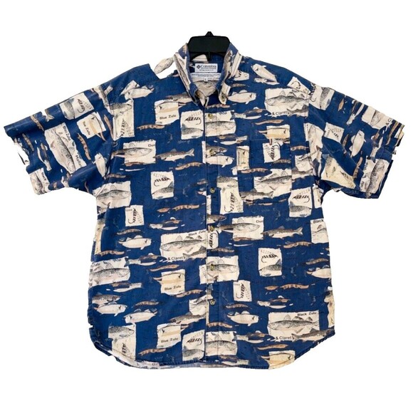 Columbia Shirt Mens Large Blue Short Sleeve Button Front Fish Print Black Zulu - Picture 1 of 6